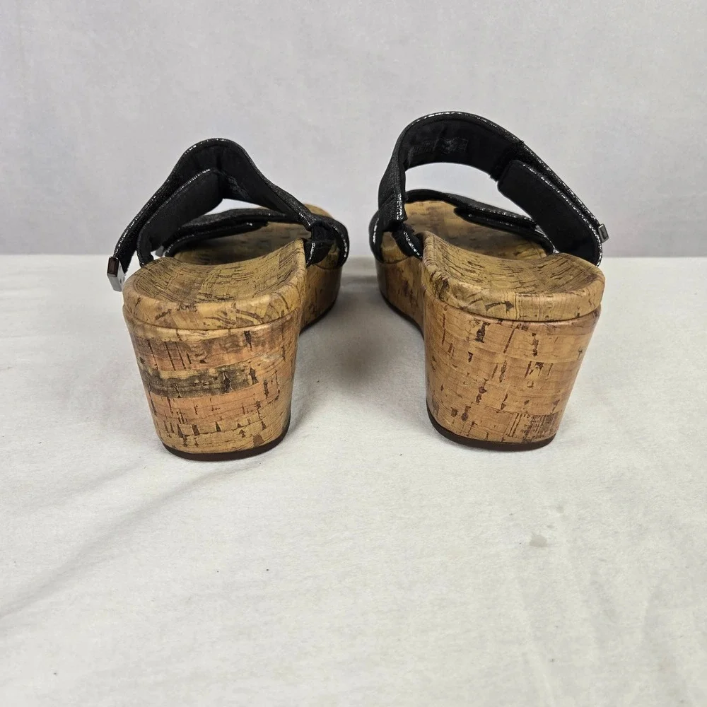 Vionic Pepper Foil Black Metallic Cork Wedge Platform Slide Sandals Womens 8